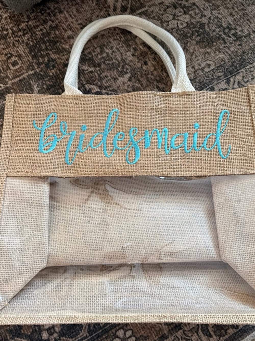 Bridesmaid Jute Tote Bag in Natural with Turquoise Script